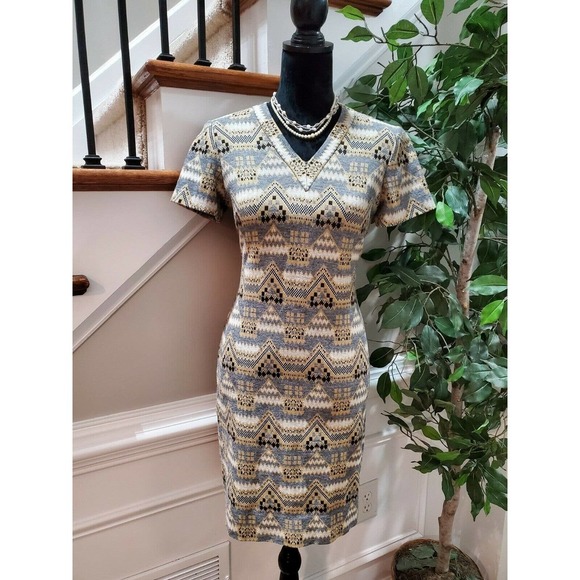 Vintage L'aiglon Multicolor Mod V-Neck Mid Century 1960 Knee Length Dress 12 - Picture 1 of 11